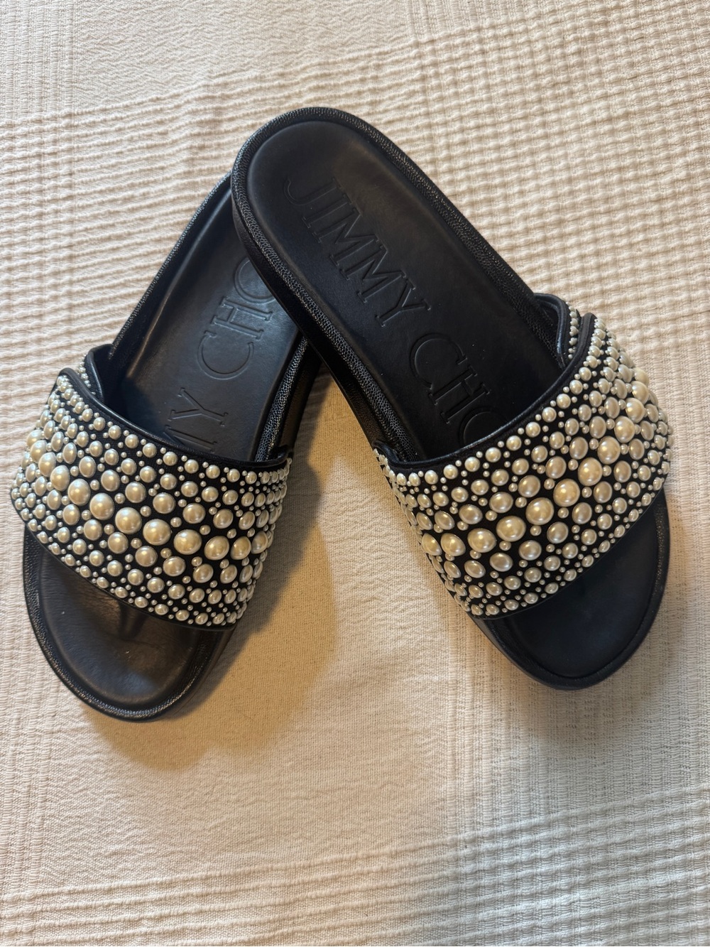 Jimmy Choo Black Slide Sandals with Pearl Embellishments Size 39 / 9US